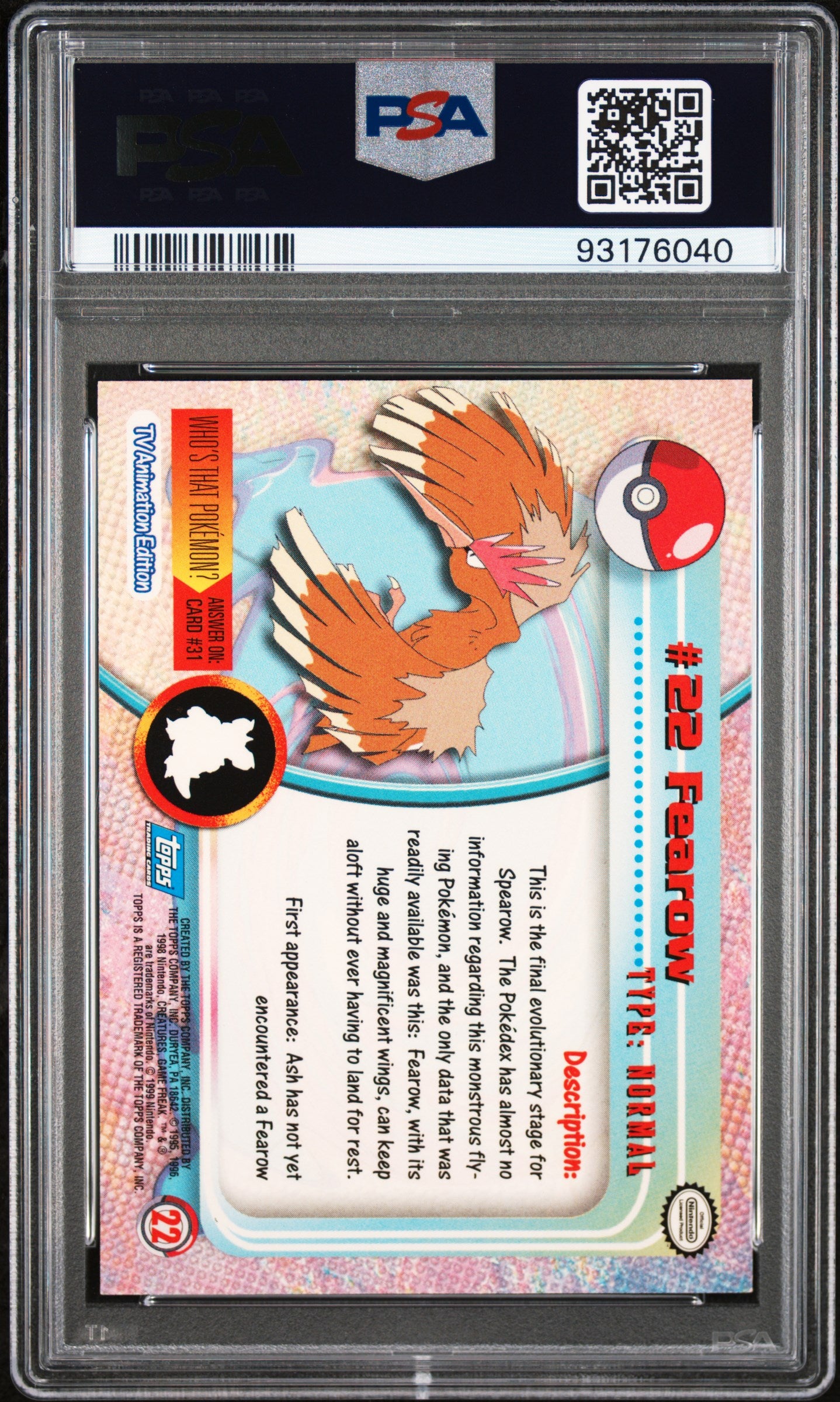 1999 Topps Pokemon TV Animation Fearow #22 PSA 10